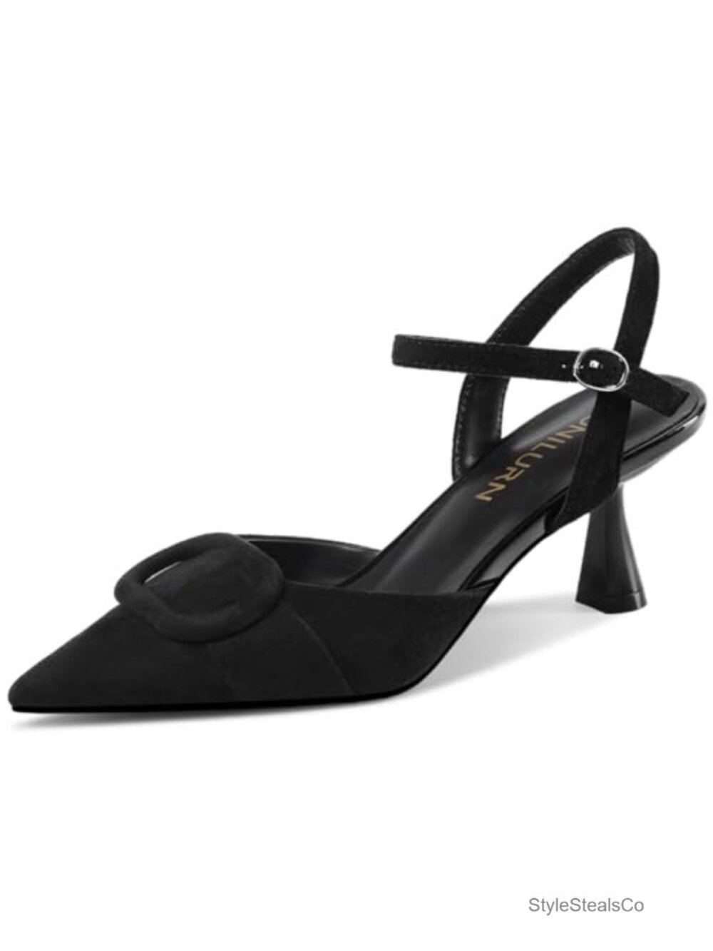 Women's Pointed Toe Kitten Heel Slingback Pumps with Buckle Ankle Strap